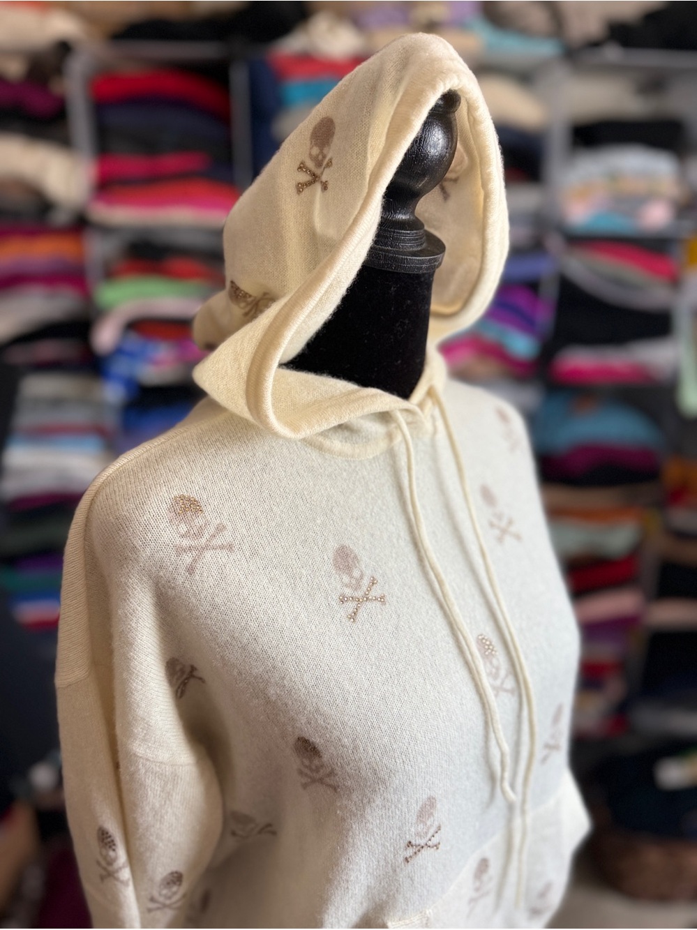 Cream Women's Cashmere Hoodie Sweater with Cute Skull Motif